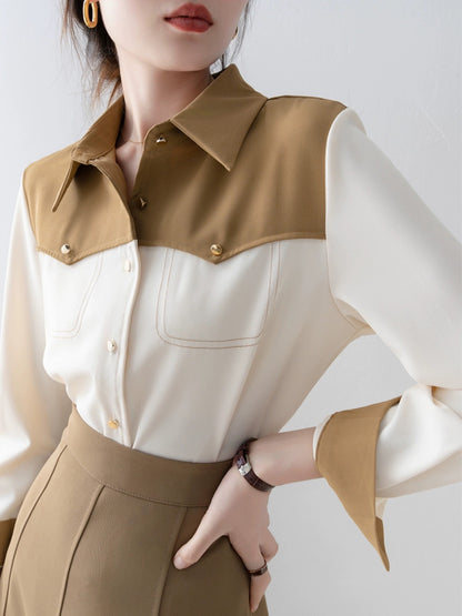 Contrast color stitching POLO collar shirt 2023 new autumn women's French shirt professional wear commuting long-sleeved shirt