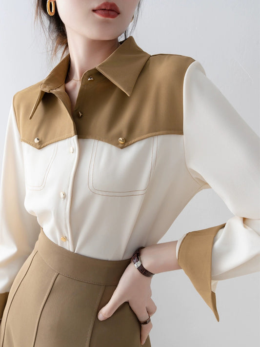 Contrast color stitching POLO collar shirt 2023 new autumn women's French shirt professional wear commuting long-sleeved shirt