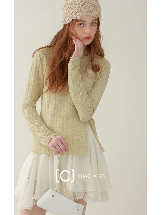 CHACHASTU French retro textured inner bottoming shirt top for women autumn and winter slit design knitted T-shirt