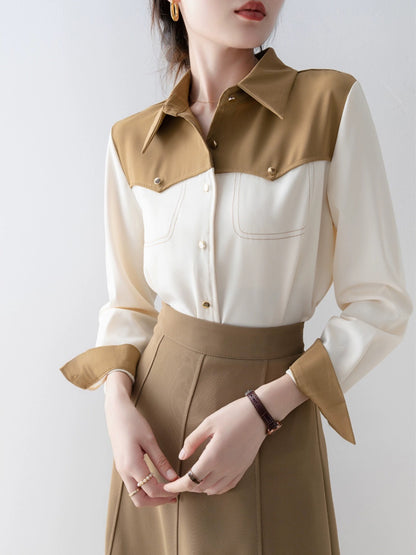 Contrast color stitching POLO collar shirt 2023 new autumn women's French shirt professional wear commuting long-sleeved shirt