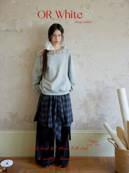 ORWhite 2-color off-shoulder collar, ruffled hem, contrast lace sweater, versatile and slim jacket
