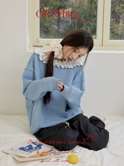 ORWhite 2-color off-shoulder collar, ruffled hem, contrast lace sweater, versatile and slim jacket