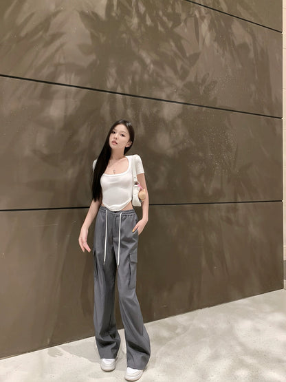 CHICYOU [Lazy Pants] Four-color loose pocket drawstring overalls, comfortable casual pants, versatile suit pants