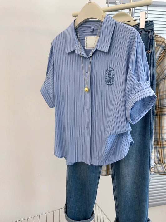 French blue striped short-sleeved shirt for women in the summer, college style high-end shirt, little man's jacket top