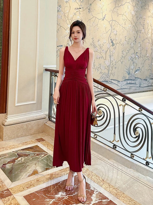 Red toast dress for women summer new sleeveless high-end banquet dress v-neck temperament suspender skirt long skirt