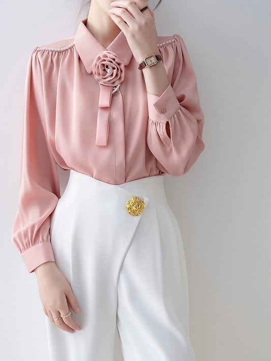 2024 early spring new pink polo collar shirt spring women's French niche shirt professional commuting top