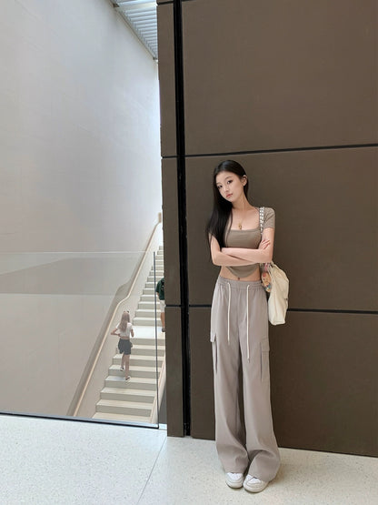CHICYOU [Lazy Pants] Four-color loose pocket drawstring overalls, comfortable casual pants, versatile suit pants