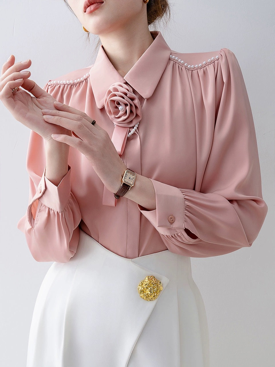 2024 early spring new pink polo collar shirt spring women's French niche shirt professional commuting top