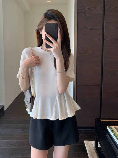 AMR UU Heavy Acetate Cool and Comfortable Hem Ruffled Round Neck Short Sleeve T-shirt Women's Spring and Summer New