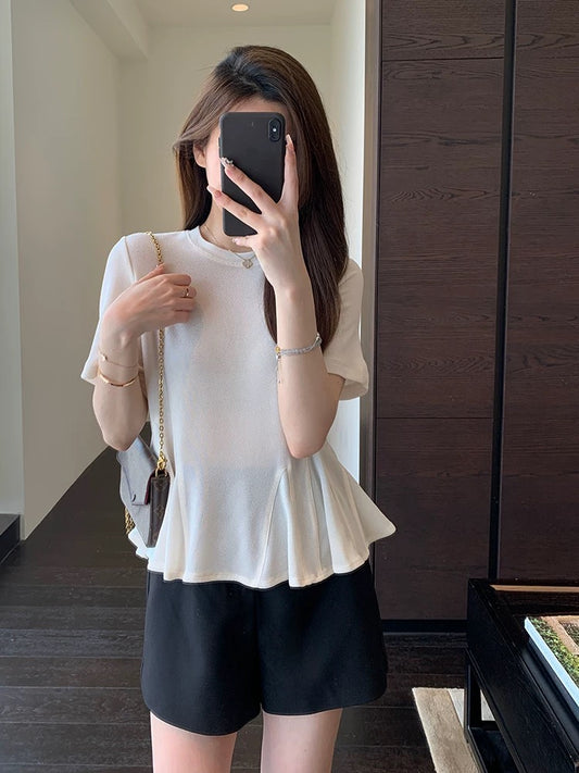 AMR UU Heavy Acetate Cool and Comfortable Hem Ruffled Round Neck Short Sleeve T-shirt Women's Spring and Summer New