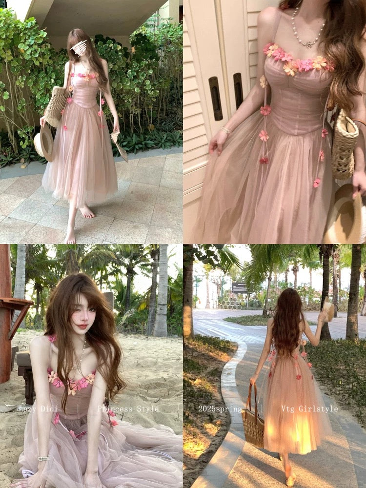 Lazy Didi Peach Gold Spring Rhythm Falling Rose Garden Long Tulle Skirt with Bra Pad Three-Dimensional Flower Suspender Fairy Skirt