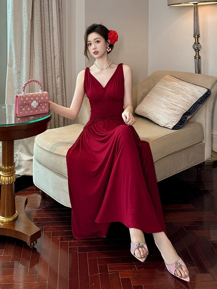 Red toast dress for women summer new sleeveless high-end banquet dress v-neck temperament suspender skirt long skirt
