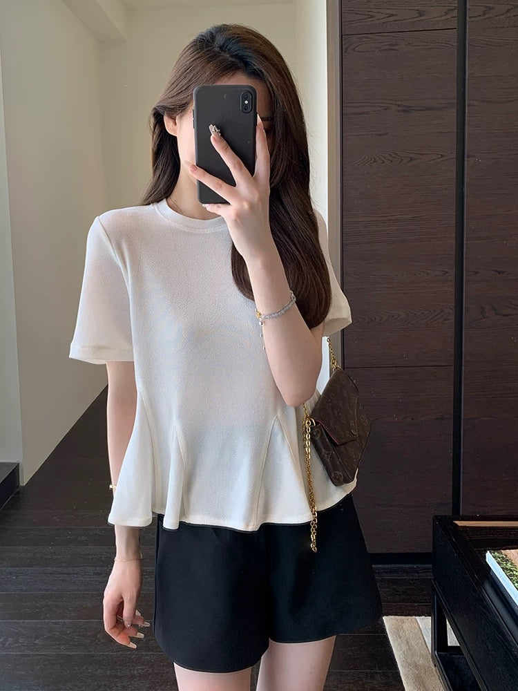 AMR UU Heavy Acetate Cool and Comfortable Hem Ruffled Round Neck Short Sleeve T-shirt Women's Spring and Summer New