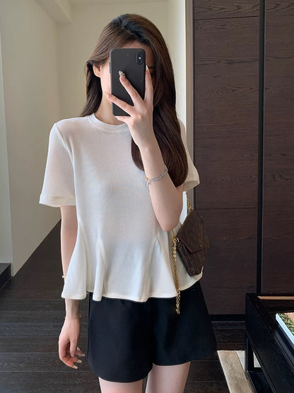 AMR UU Heavy Acetate Cool and Comfortable Hem Ruffled Round Neck Short Sleeve T-shirt Women's Spring and Summer New
