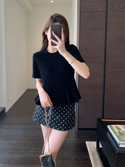 AMR UU Heavy Acetate Cool and Comfortable Hem Ruffled Round Neck Short Sleeve T-shirt Women's Spring and Summer New