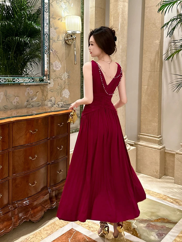 Red toast dress for women summer new sleeveless high-end banquet dress v-neck temperament suspender skirt long skirt