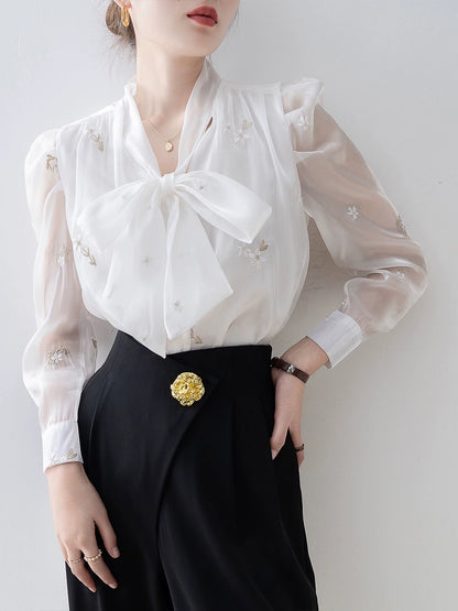 2024 spring women's white V-neck bow chiffon shirt early spring new top design embroidered shirt