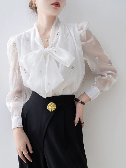 2024 spring women's white V-neck bow chiffon shirt early spring new top design embroidered shirt