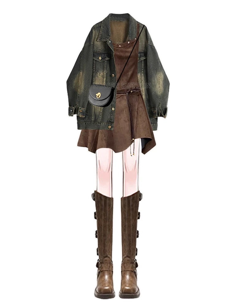 Large size autumn Maillard suit for women Hong Kong style loose denim jacket temperament retro suspender dress two-piece suit