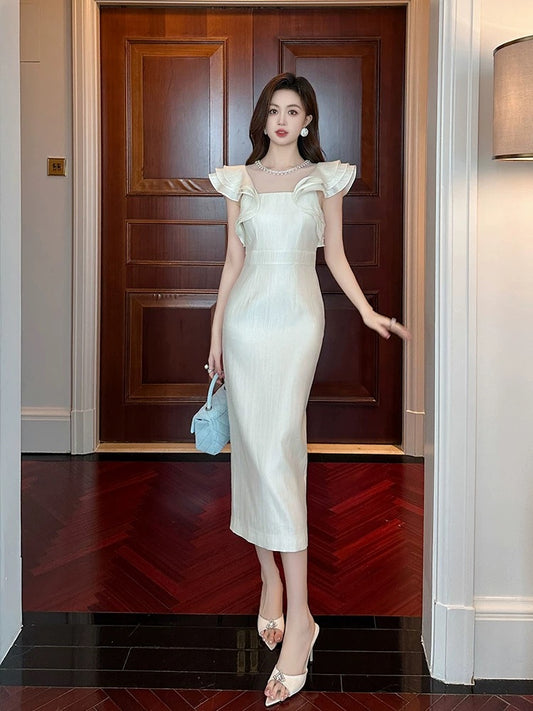 Slim skirt summer new style French high-end flying sleeves goddess style slimming and flesh-covering long white dress