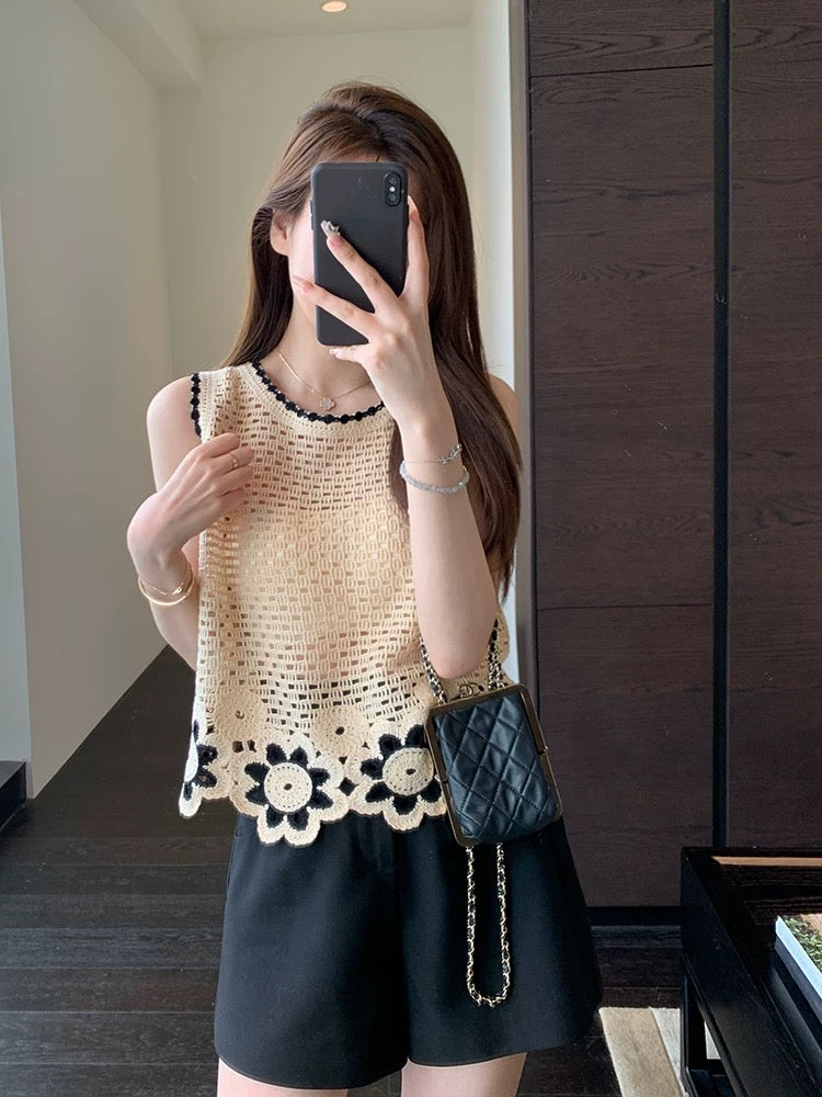 AMR UU◆1000+ heavy-duty crochet hollow shirt seaside holiday style vest short-sleeved T-shirt female Xia Xin