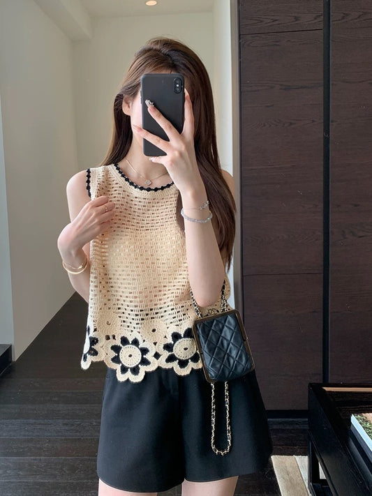 AMR UU◆1000+ heavy-duty crochet hollow shirt seaside holiday style vest short-sleeved T-shirt female Xia Xin