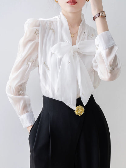 2024 spring women's white V-neck bow chiffon shirt early spring new top design embroidered shirt