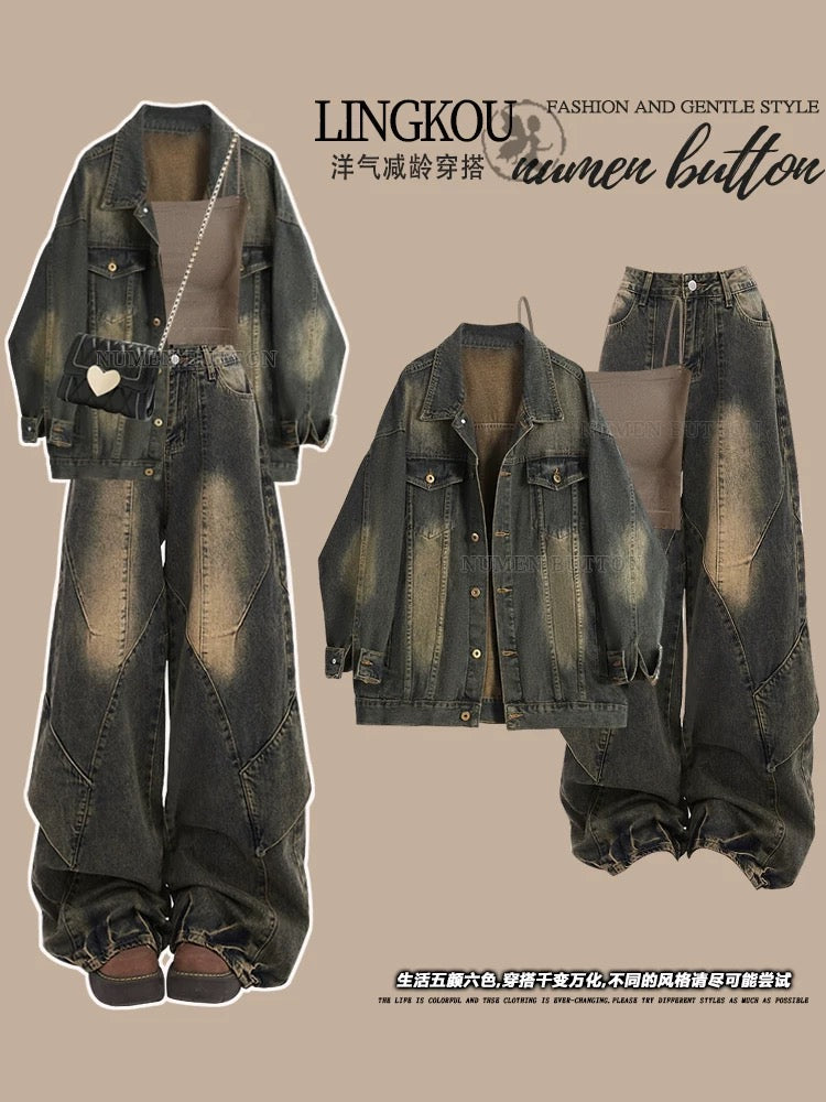 Large size autumn denim suit for women, versatile suspenders, retro loose coat with high waist and slim wide leg pants, three-piece suit