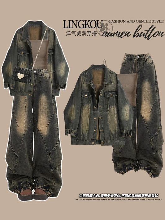 Large size autumn denim suit for women, versatile suspenders, retro loose coat with high waist and slim wide leg pants, three-piece suit