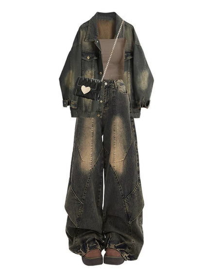 Large size autumn denim suit for women, versatile suspenders, retro loose coat with high waist and slim wide leg pants, three-piece suit