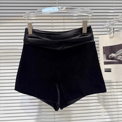 Popular online style, 2025 winter new style, hot and elegant pleated waistband spliced design, three-quarter velvet shorts/bootcut pants