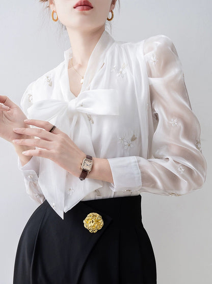 2024 spring women's white V-neck bow chiffon shirt early spring new top design embroidered shirt