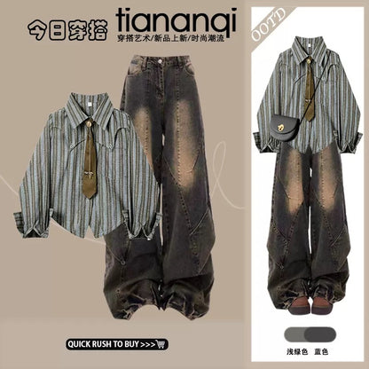 2025 Spring New American Casual Striped Shirt Women's All-match Design Retro Distressed Jeans Two-piece Set