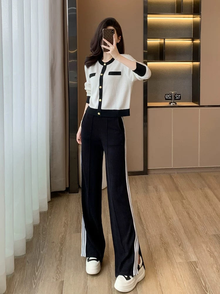 High-end knitted casual fashion suit for women in spring and autumn, slimming and age-reducing sports wide-leg pants two-piece set with western style