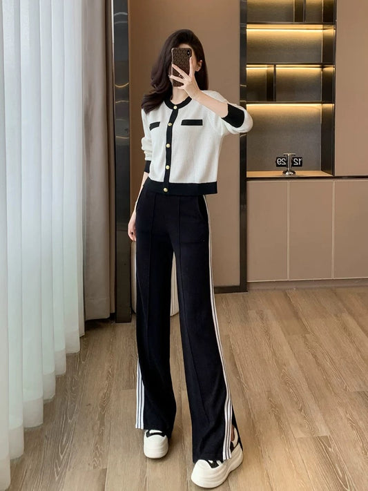 High-end knitted casual fashion suit for women in spring and autumn, slimming and age-reducing sports wide-leg pants two-piece set with western style