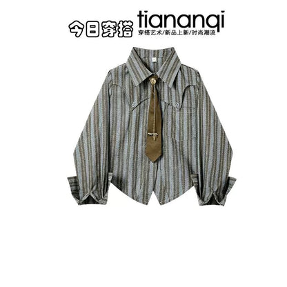 2025 Spring New American Casual Striped Shirt Women's All-match Design Retro Distressed Jeans Two-piece Set