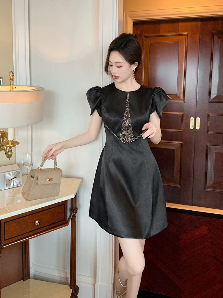 Hepburn style black waist dress for women summer new high-end satin dress small slimming A-line skirt