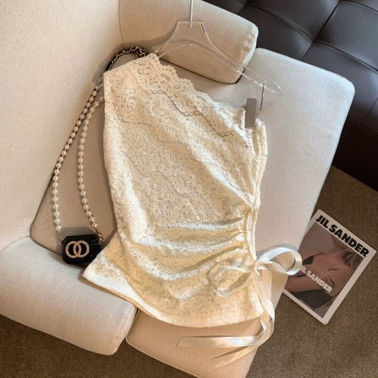 Jade Closet flagship store recommendation: Medela pure and alluring pleated lace off-shoulder tank top for women.