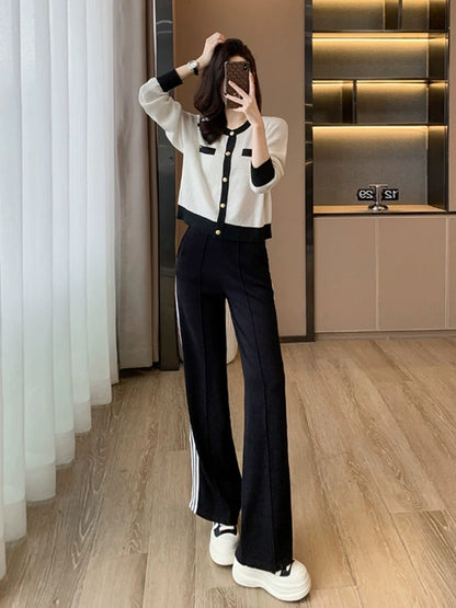 High-end knitted casual fashion suit for women in spring and autumn, slimming and age-reducing sports wide-leg pants two-piece set with western style