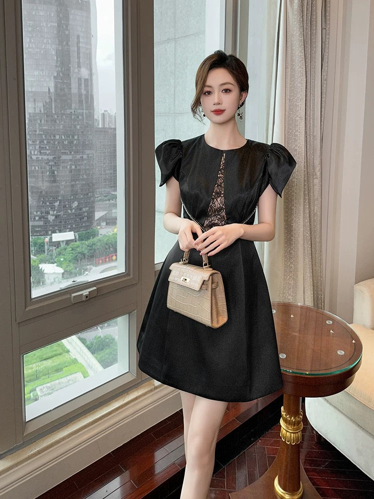 Hepburn style black waist dress for women summer new high-end satin dress small slimming A-line skirt