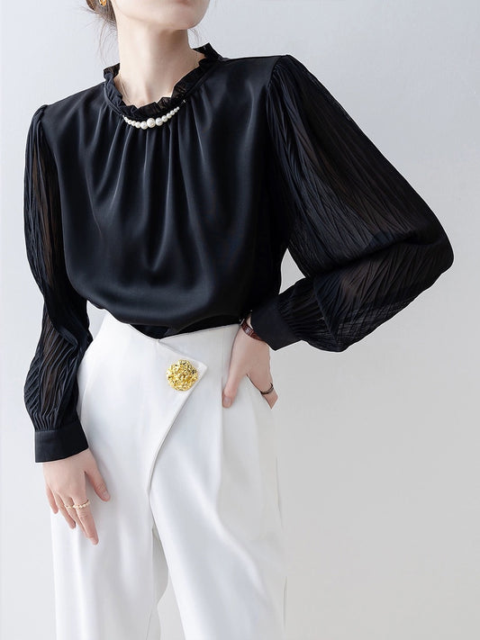2024 spring women's black round neck pleated satin long-sleeved shirt French niche shirt early spring new top