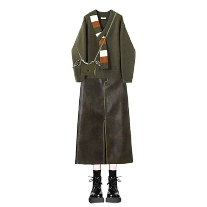 Fashionable new design loose coat lazy style knitted sweater top Hong Kong style hip skirt two-piece suit