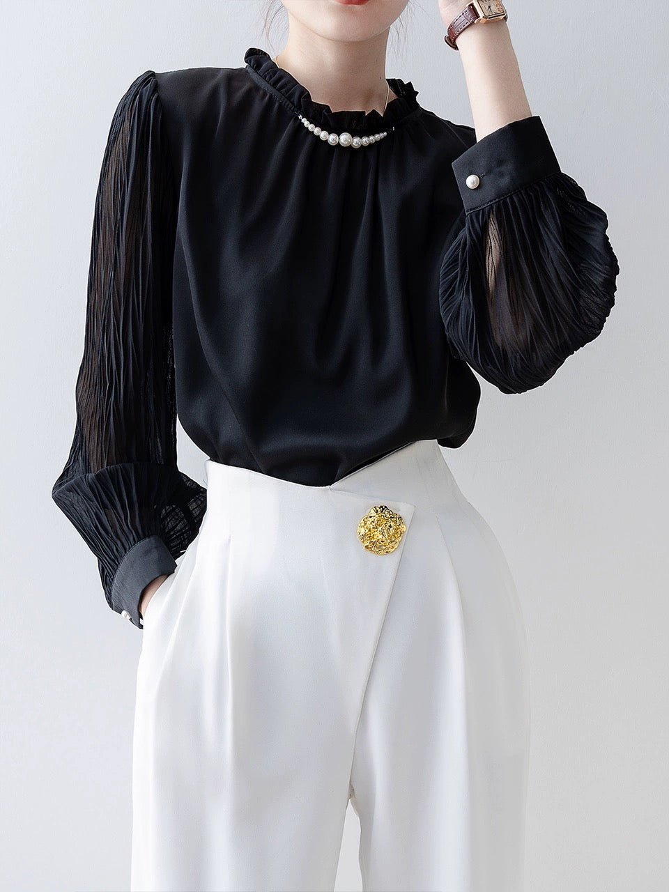 2024 spring women's black round neck pleated satin long-sleeved shirt French niche shirt early spring new top