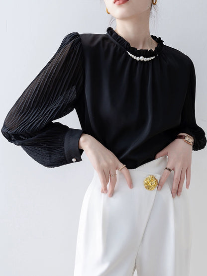 2024 spring women's black round neck pleated satin long-sleeved shirt French niche shirt early spring new top