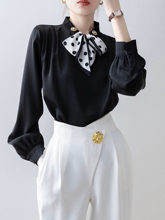 2024 early spring new top black V-neck bow shirt design shirt professional commuting spring women's clothing