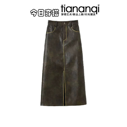 French retro design top versatile brown long slit temperament high waist slim hip leather skirt two-piece set