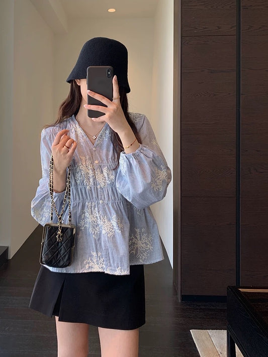 AMR UU◆Atmosphere White blue striped embroidered small shirt waist slimming top women's shirt spring and summer new
