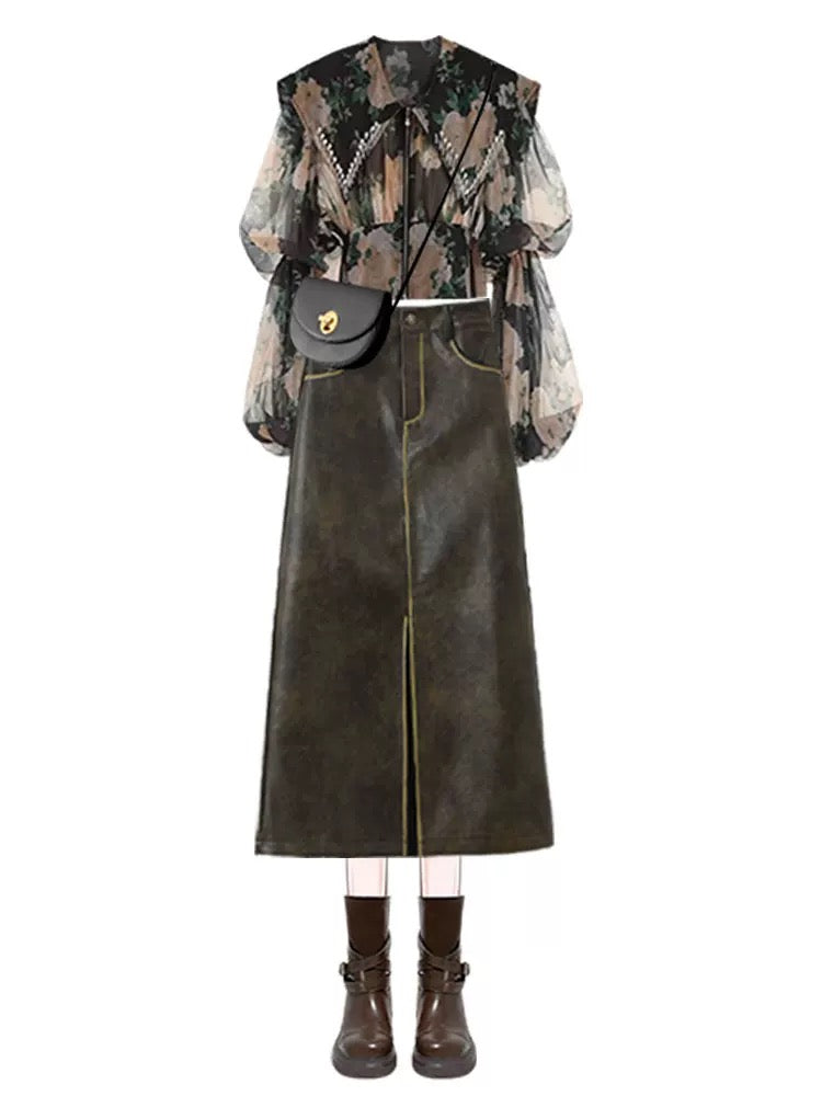 French retro design top versatile brown long slit temperament high waist slim hip leather skirt two-piece set