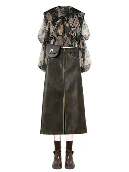 French retro design top versatile brown long slit temperament high waist slim hip leather skirt two-piece set