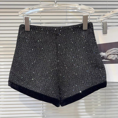 Popular online style, 2025 winter new style, niche design, velvet trim, sequined tweed, elegant and sophisticated women's shorts.